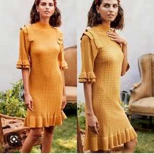 NWT Happy X Nature Sweater Dress Kate Hudson Mustard Fall Hippie Ruffle